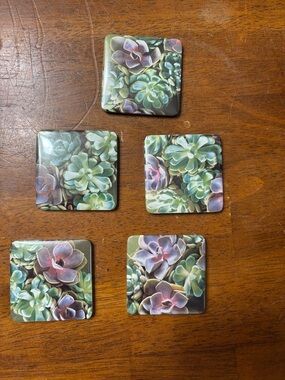 Set of 5 Succulent Square Magnets - Green & Purple